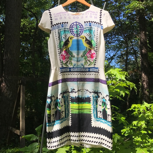 Rare Emily in Paris Designer Mary Katrantzou Vintage Bird Stamp Silk Dress SS13